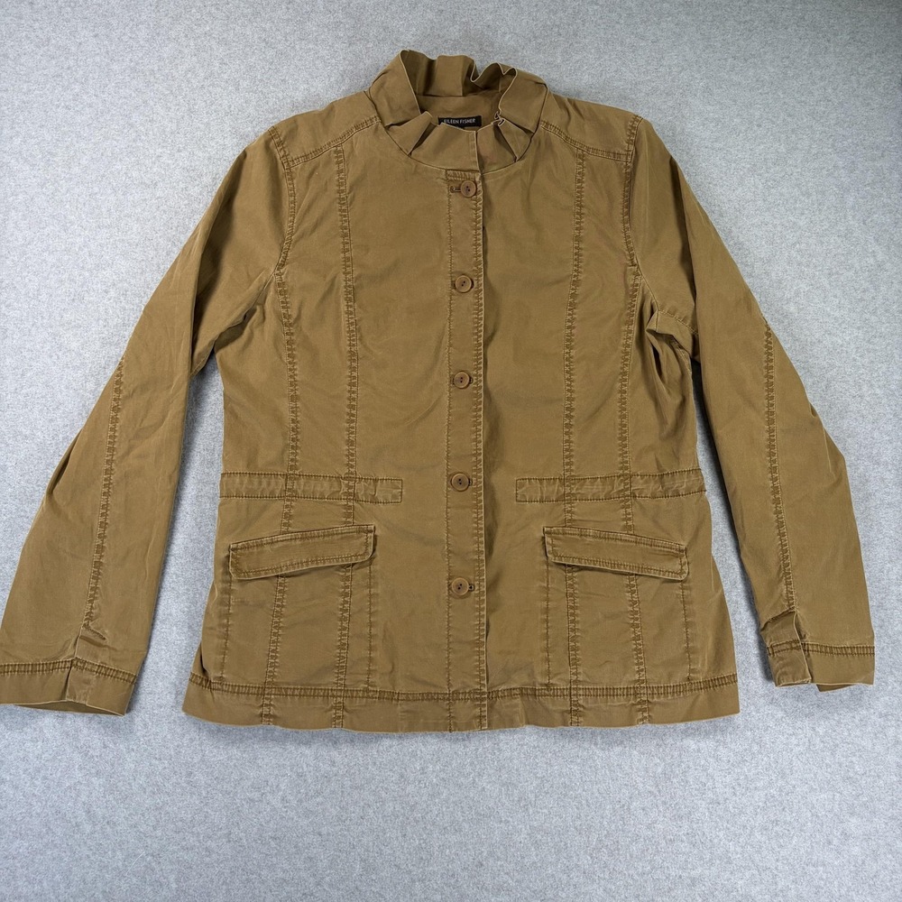 Eileen Fisher Jacket Womens Large Brown Stretch Twill Ruffle Collar Button Front